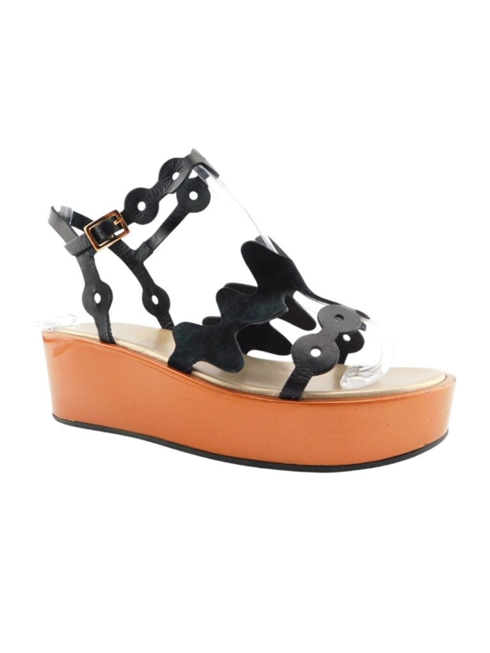 IVY KIRZHNER Black Scalloped Leather Ankle Strap Wedge Platform Sandals 37.5